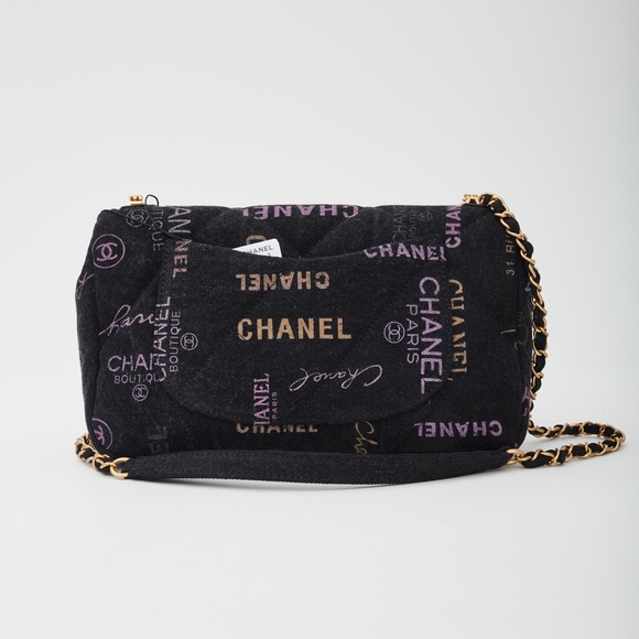 CHANEL PRINTED LOGO BLACK DENIM LARGE GRAFFITI FLAP BAG (2021) - Picture 3 of 9